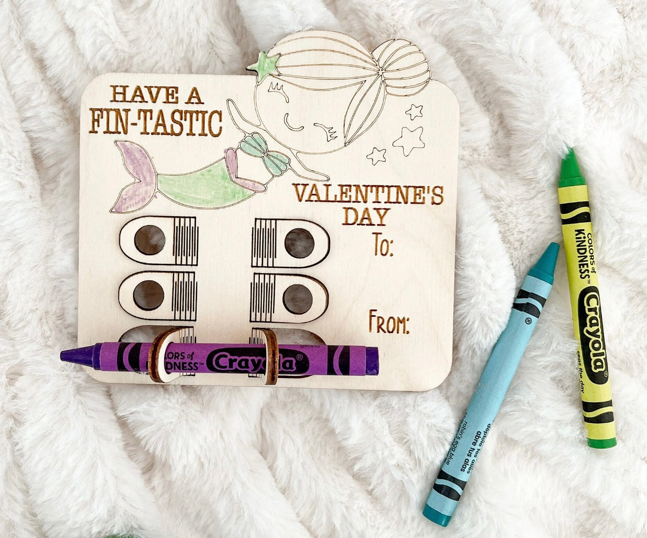 Cute Mermaid, Unicorn and Butterfly Valentine Card with crayon holder