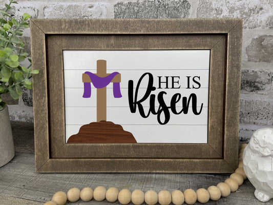 "He Is Risen w/Cross on Mountain" Farmhouse Insert